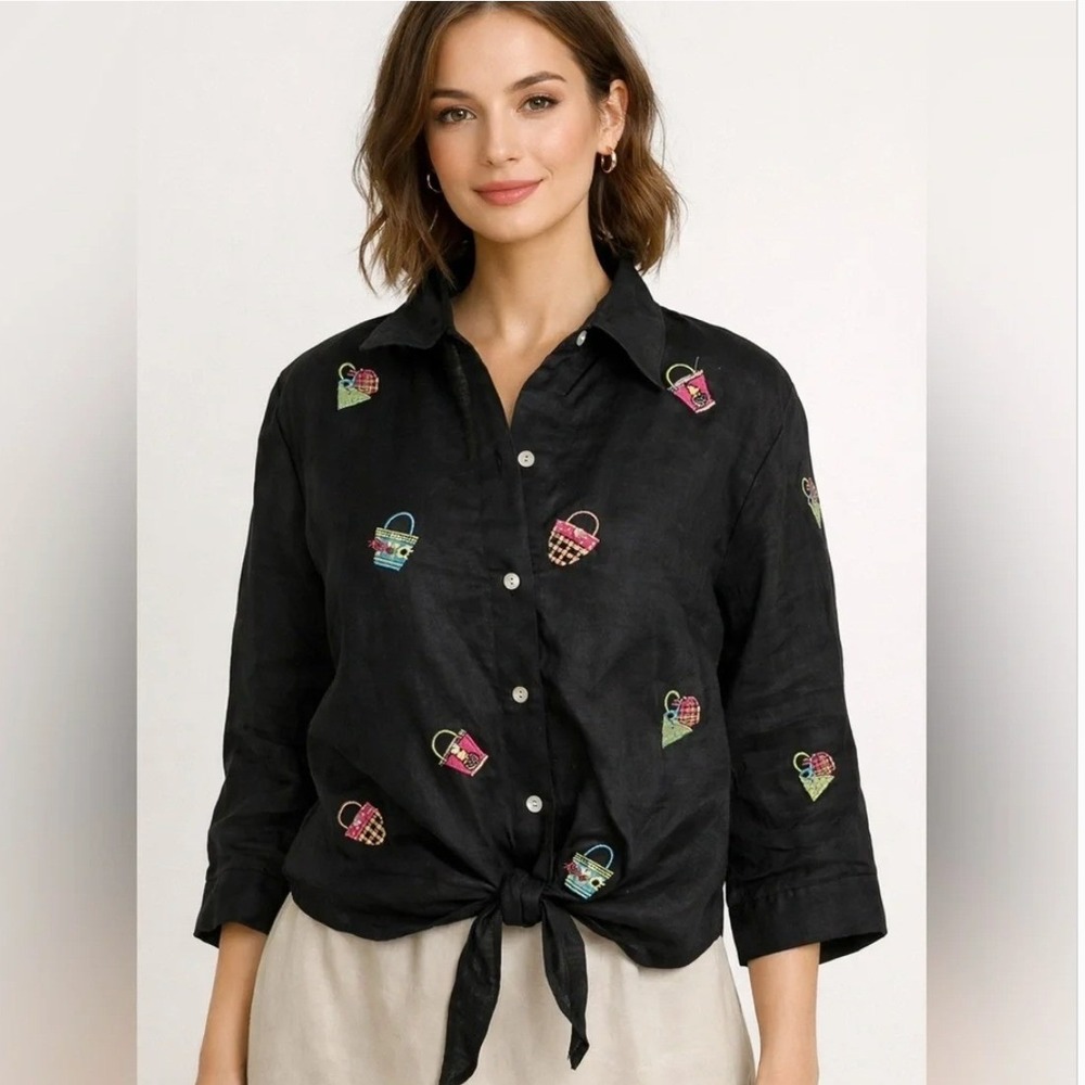 Richard Malcolm Black Irish Linen Tie Front Top SZM Embroidered Novelty Print